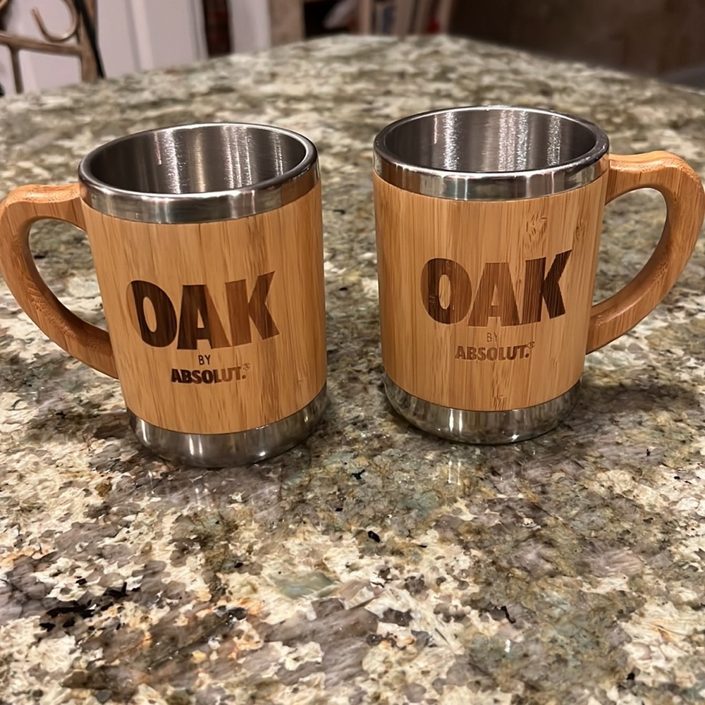 Absolut Vodka Oak Promotional - NEW - 2 Moscow Mule Mugs Coffee Wood & Stainless